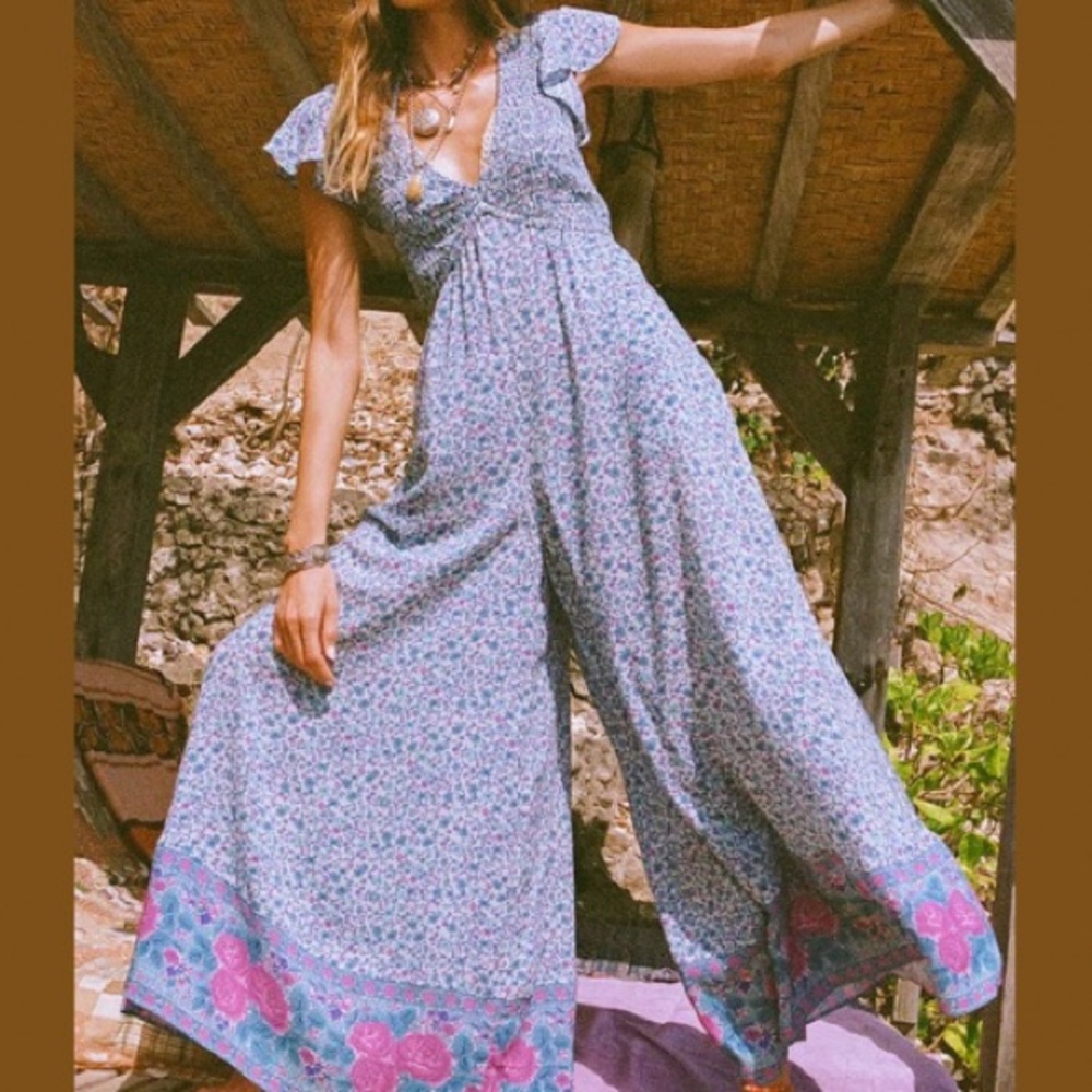 NWT SPELL-LOVE JETTY SHIRRED BOHEMIAN JUMPSUIT-BLUE NIRVANA